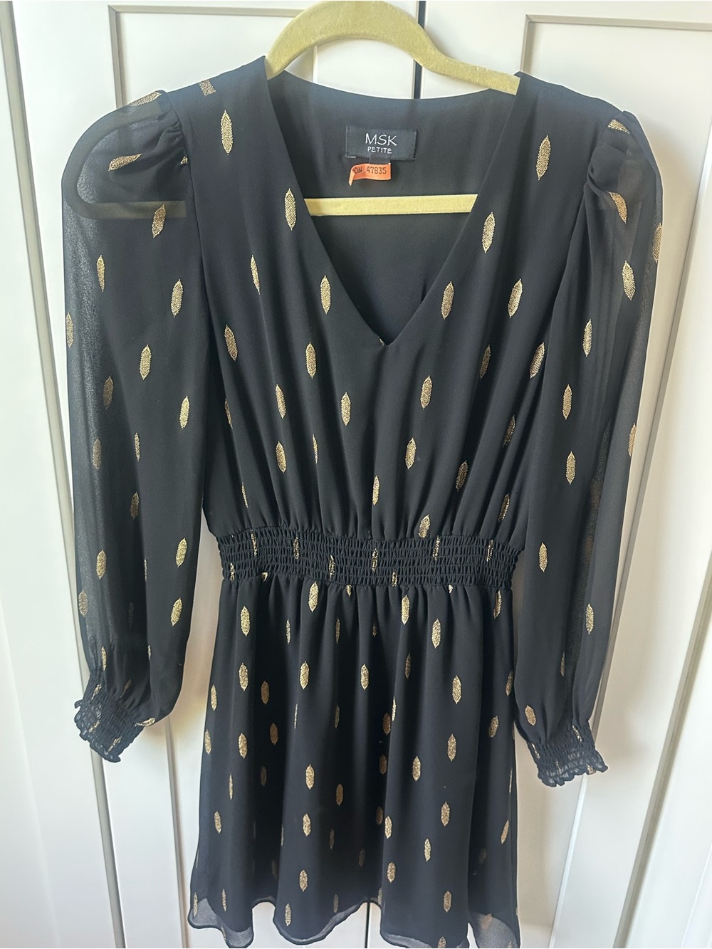 MSK Black Dress with Gold Leaf Print and Smocked Waist